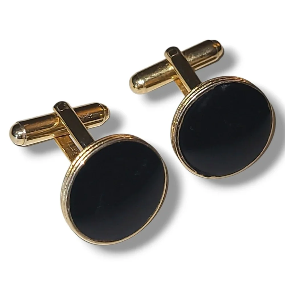 Vintage Gold Tone Black Enamel Cufflinks Round Classic Mens‎ Formal